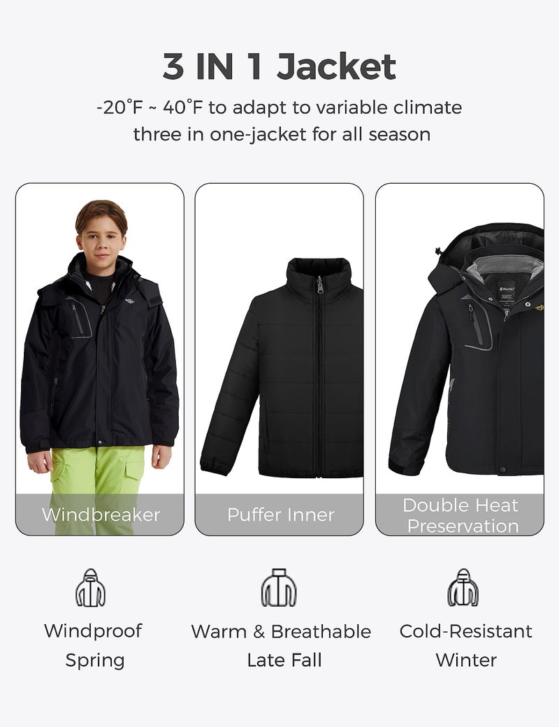 wantdo Kids Boys' 3-in-1 Winter Coat with Hood Warm Fleece Lined Snowboarding Jacket Zip Up Black 14-16 - Image 3